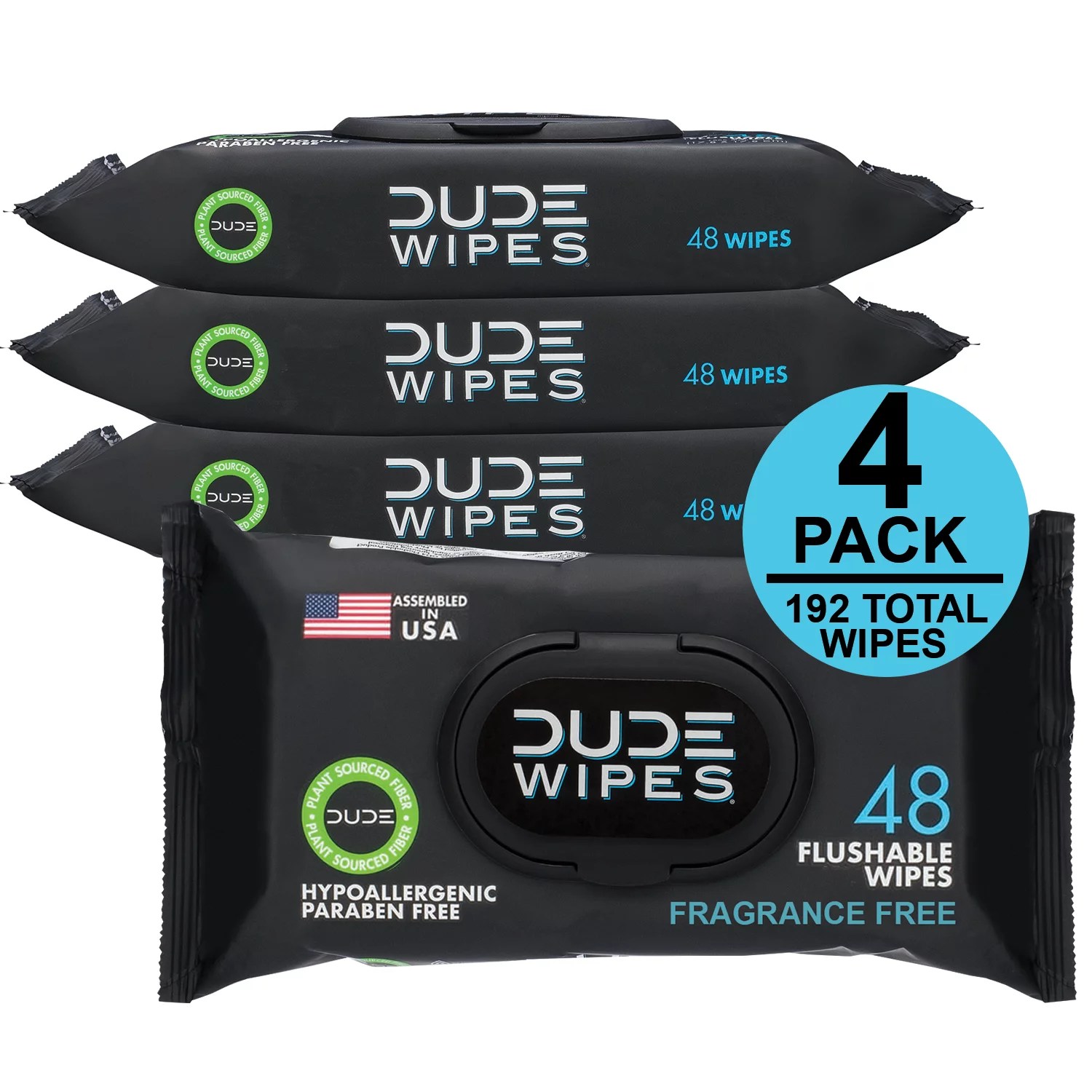 DUDE Wipes Flushable Wet Wipes. Unscented. 4 Packs of 48