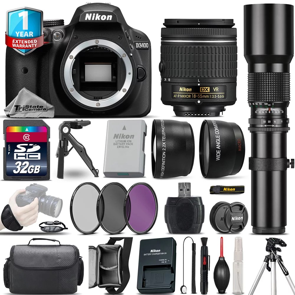 Nikon D3400 DSLR Camera + 1855mm VR + 500mm Lens + Filter