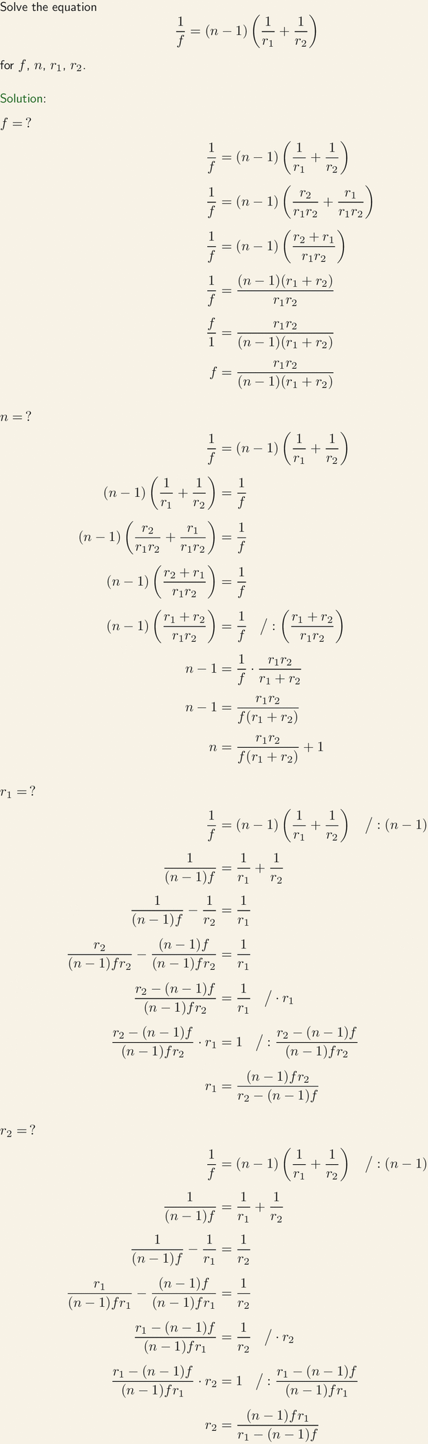 Rearranging the formula for focal length of thin lens