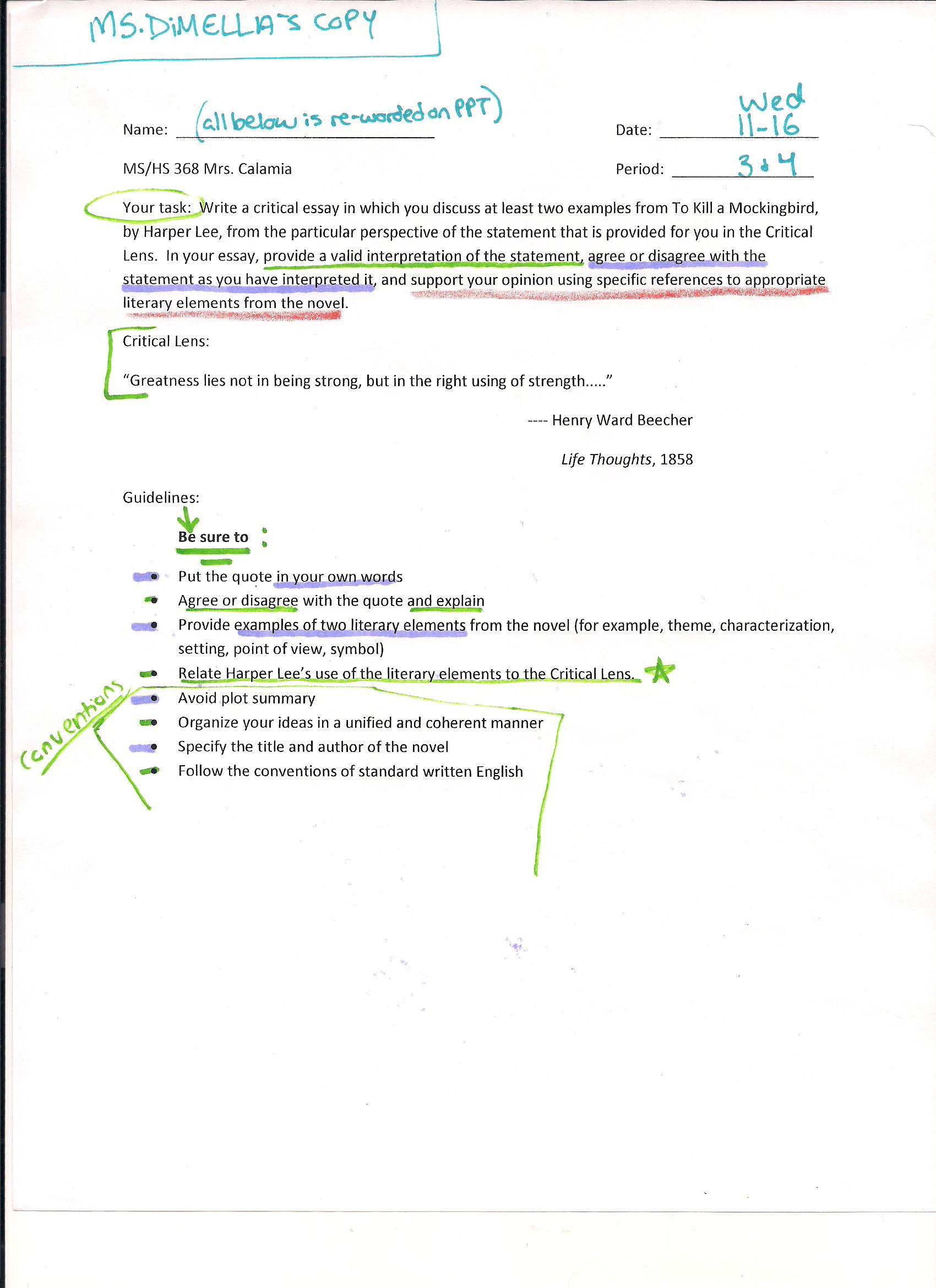 HIGH SCHOOL Lesson Plans + Handouts + Student Work/Rubric